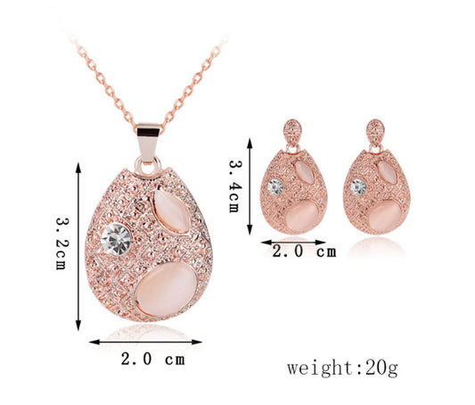 Elegant Inlaid Necklace/Earring set - Rose Gold - CZs - 18"