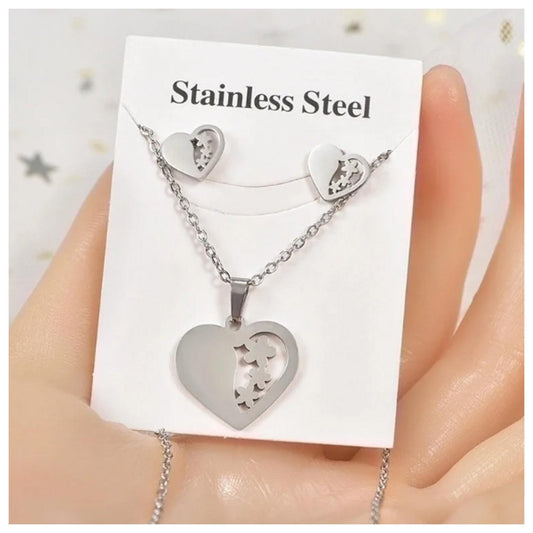 Heart and stars - Necklace/Earring set - Stainless Steel - 18"