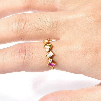 Multicolor rectangle ring - Gold - CZs - size 6