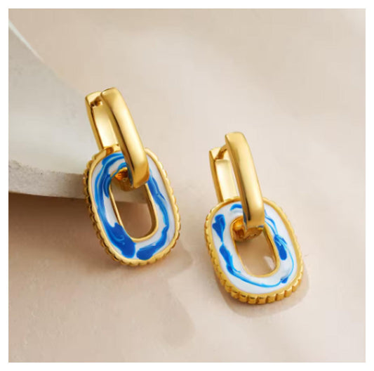 Blue and white enamel - Earrings - Gold - 1"