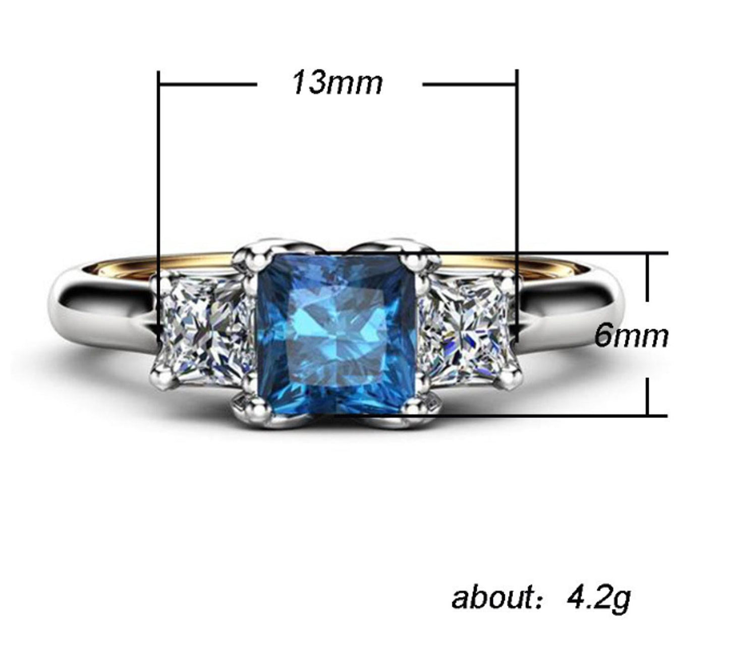 Blue and white three stone Ring - Silver - CZs - Size 6