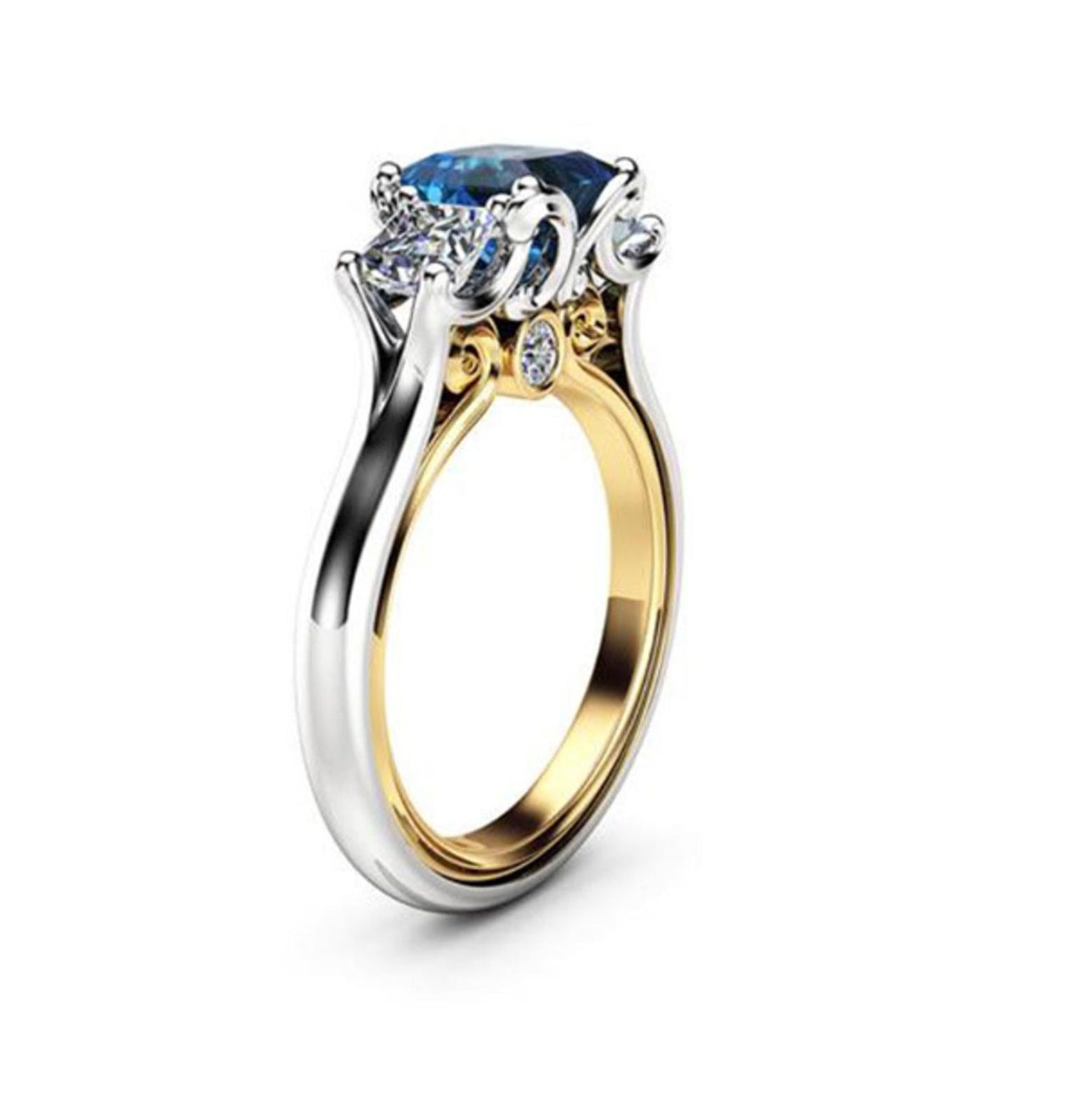 Blue and white three stone Ring - Silver - CZs - Size 6