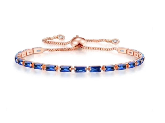 Sapphire blue baguette tennis - Bracelet - Rose Gold - CZs - adjustable