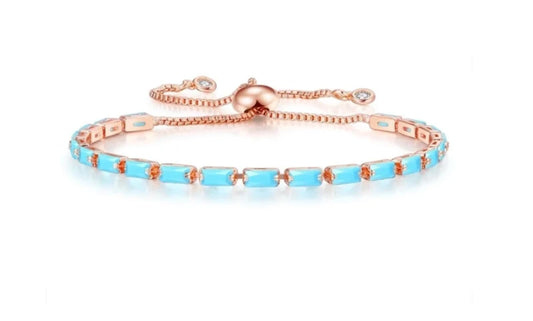 Turquoise blue baguette tennis - Bracelet - Rose Gold - CZs - adjustable