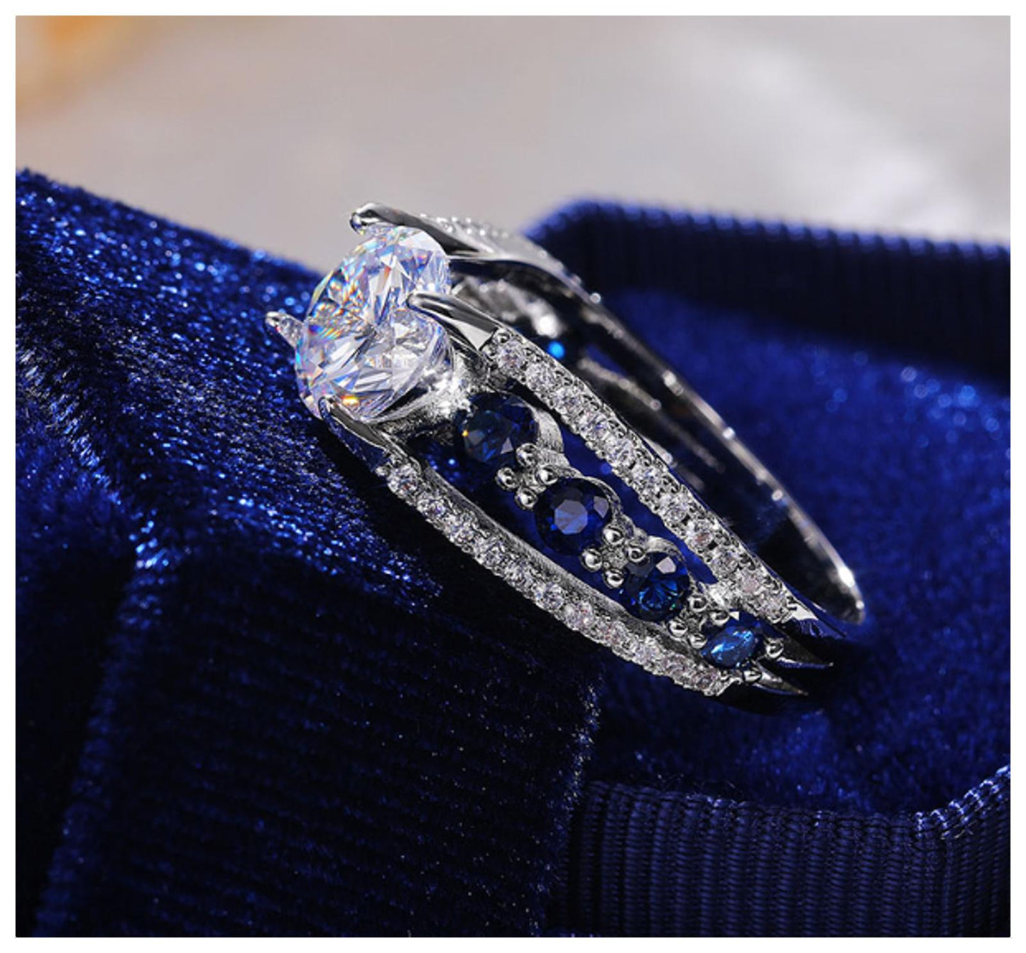 Blue open band round engagement Ring - Silver - CZs - Size 7