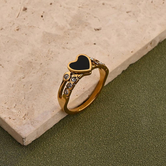 Black heart double layer ring - Gold - CZs - size 8