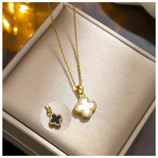 REVERSIBLE Black and Mother of Pearl clover o-chain Necklace - gold - CZs