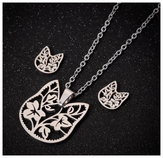 Cat and flowers - Necklace/Earring set - Stainless Steel - 18"