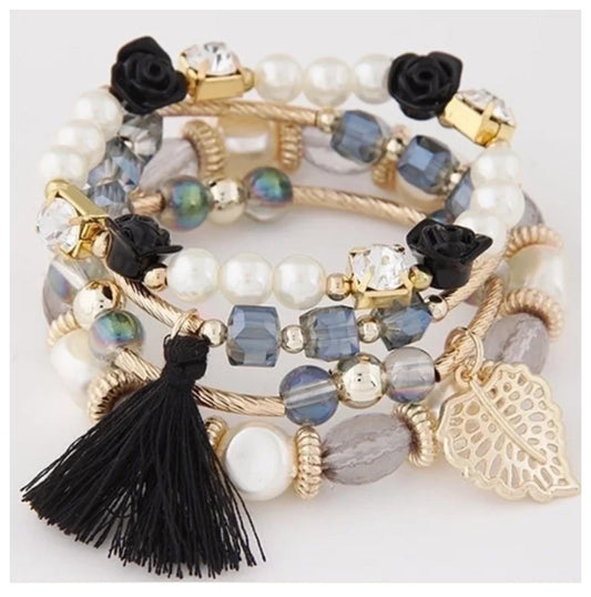 Black and cream beaded stack - Bracelet - Gold - stretch