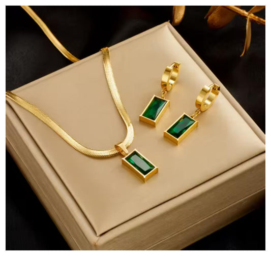 Green rectangle herringbone - Necklace/Earring set - Gold - CZs - 18"