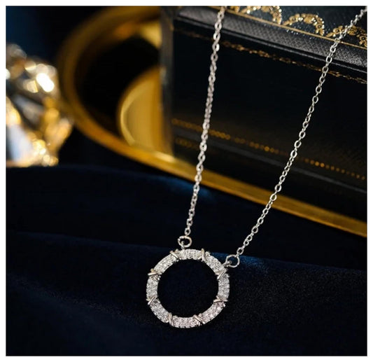 Xs and O Round - Necklace - Silver - CZs - 18"