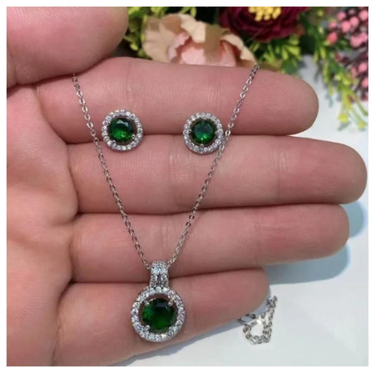 Green round - Necklace/Earring set - Silver - CZs - 18"
