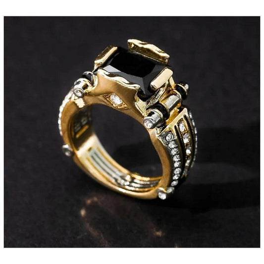 Black vintage style ring - gold and silver - CZs - size 11.