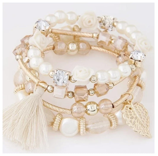 Pearl and cream beaded stack - Bracelet - Gold - stretch