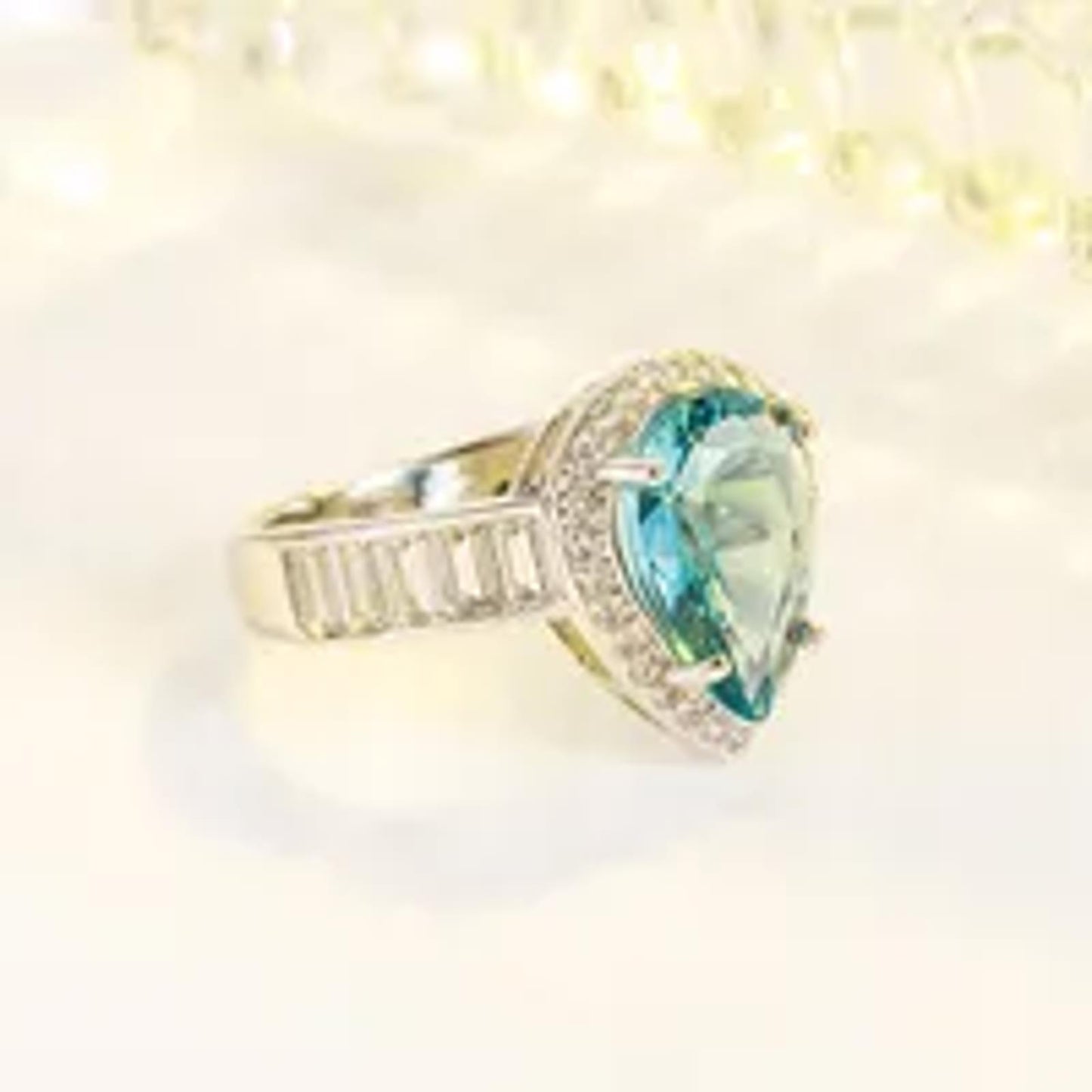 Teal aqua pear halo - Ring - Silver - CZs - Size 7