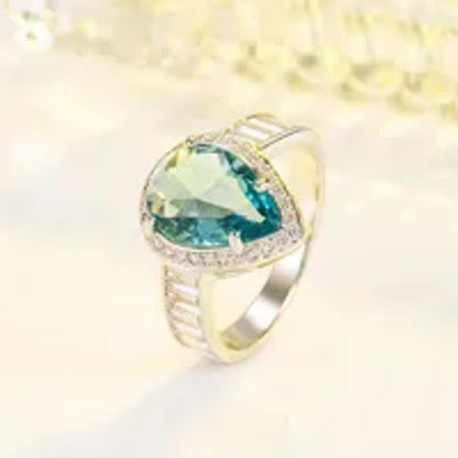 Teal aqua pear halo - Ring - Silver - CZs - Size 7