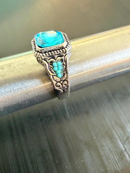 Blue and turquoise color - Ring - Silver - CZs - Size 11