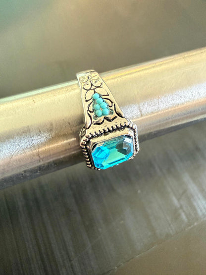 Blue and turquoise color - Ring - Silver - CZs - Size 10
