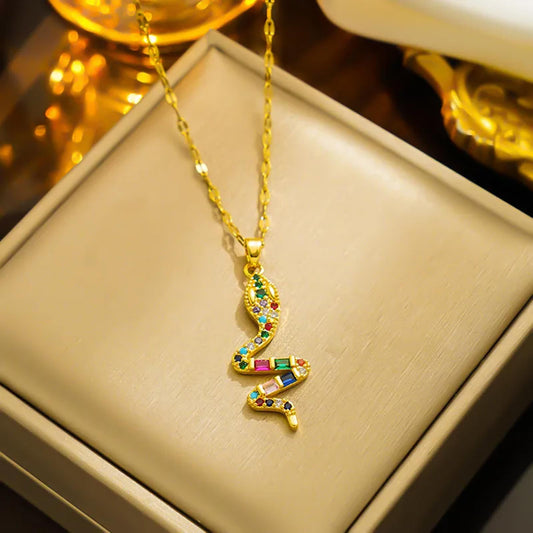 Multicolored snake - Necklace - Gold - CZs - 18"