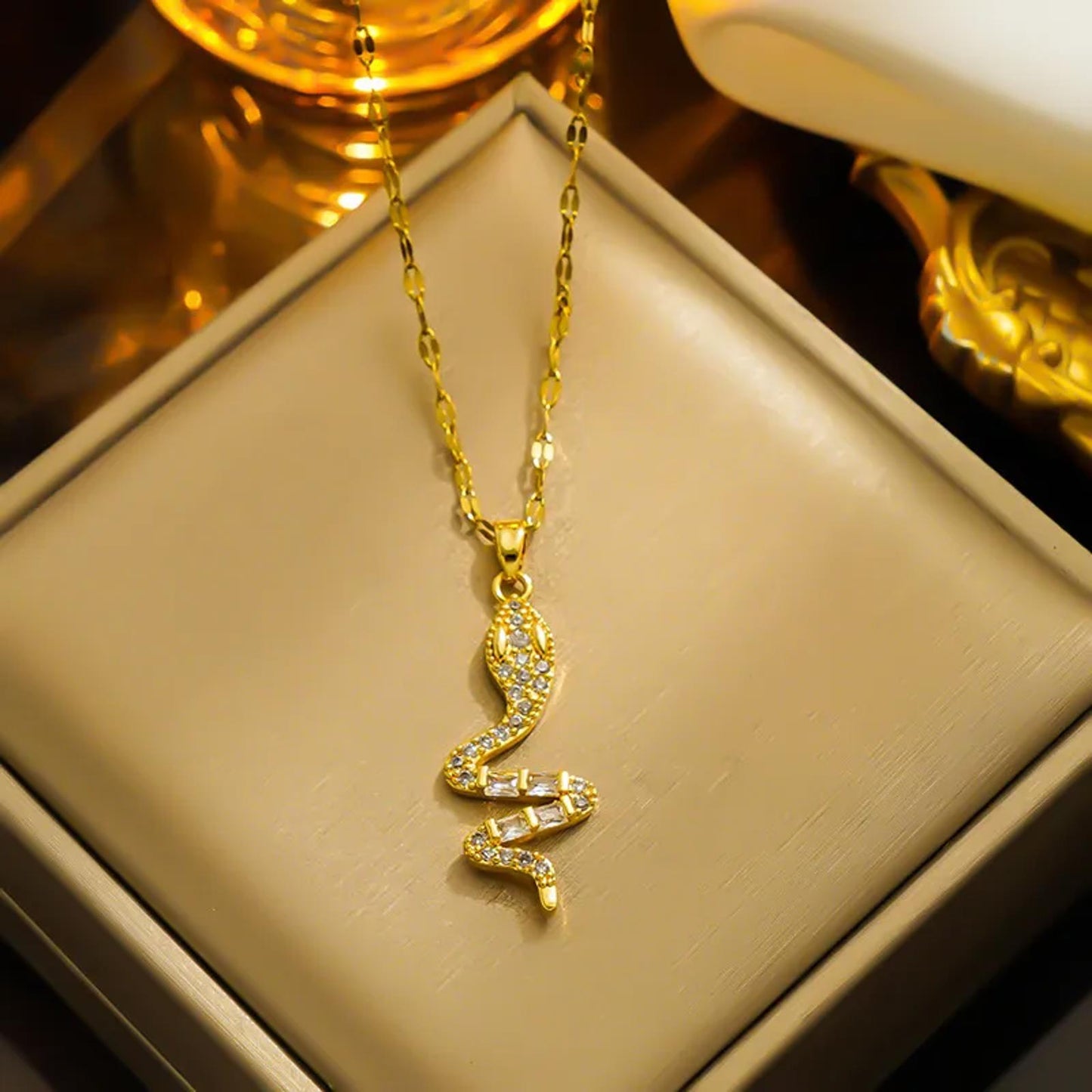 Baguette snake - Necklace - Gold - CZs - 18"
