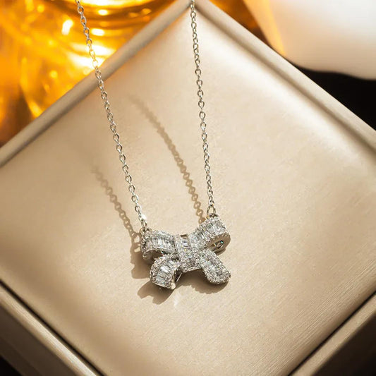 Baguette bow - Necklace - Silver - CZs - 18"