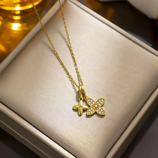 Double star - Necklace - Gold - CZs - 18"