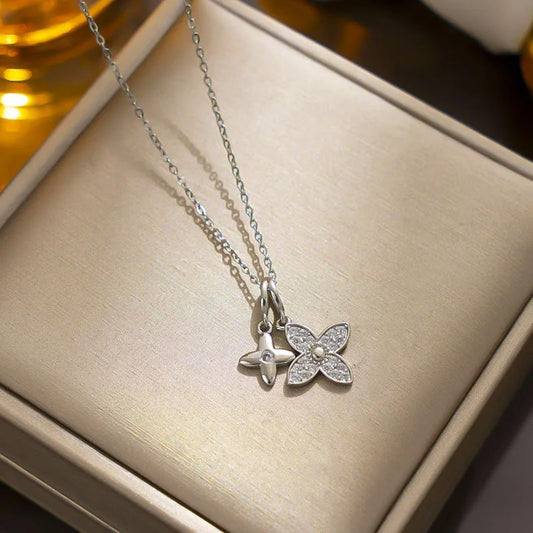 Double star - Necklace - Silver - CZs - 18"