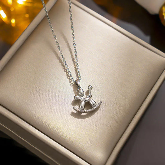 Balloon dog rocker Necklace - Silver - CZs - 18"