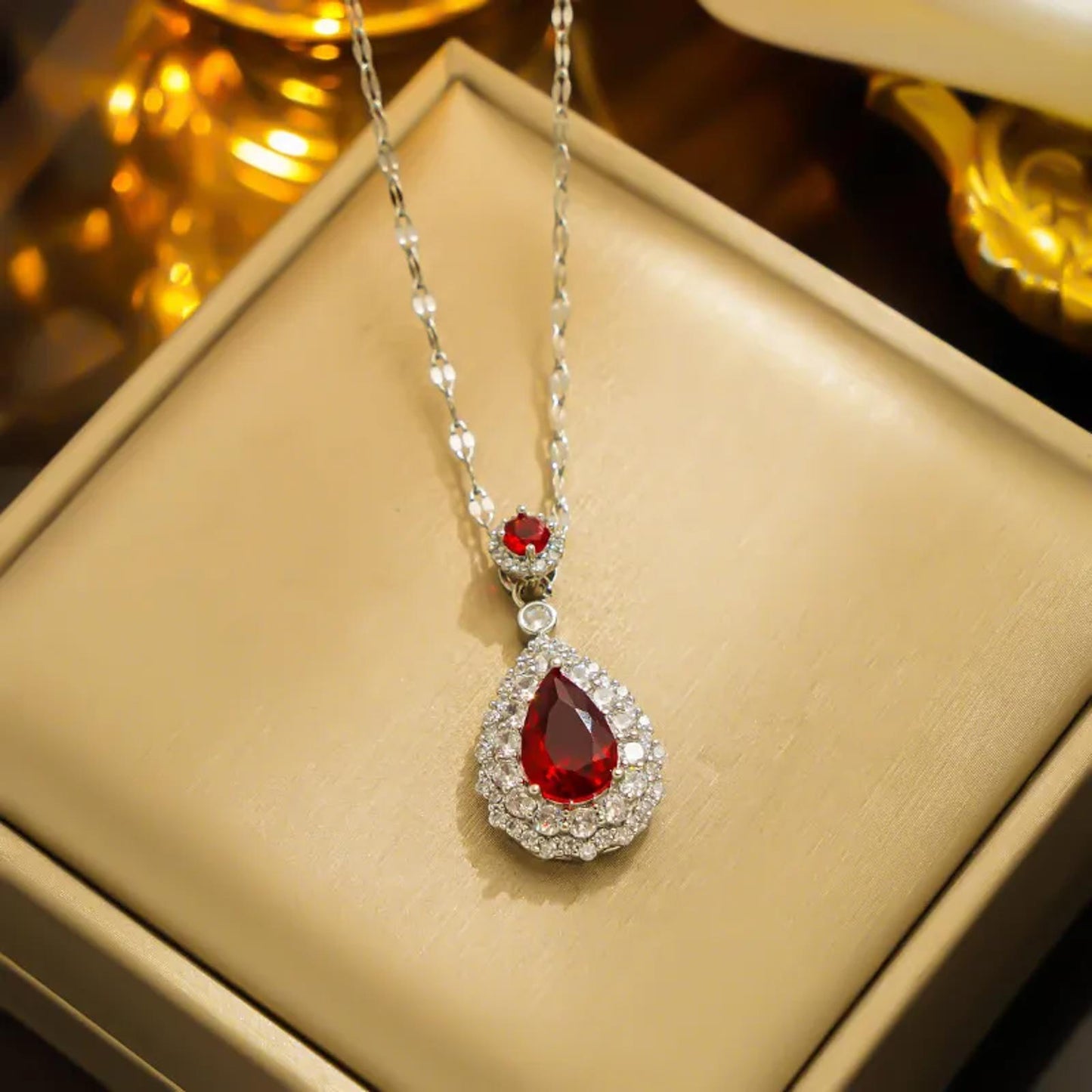 Red Round teardrop halo - Necklace - Silver - CZs - 18"
