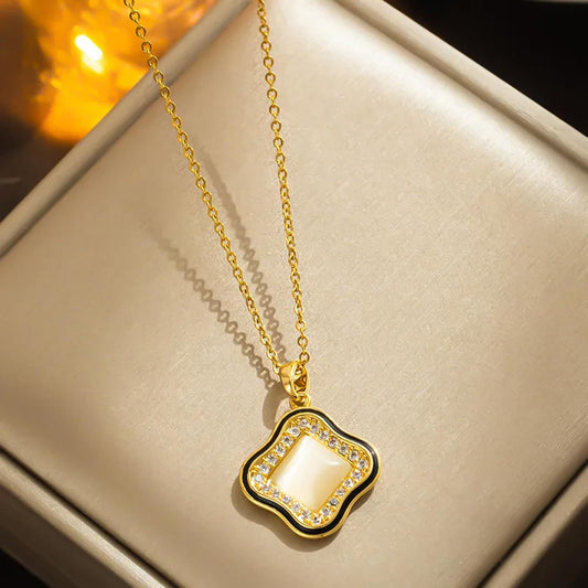 Black and white square Necklace - Gold - CZs - 18"