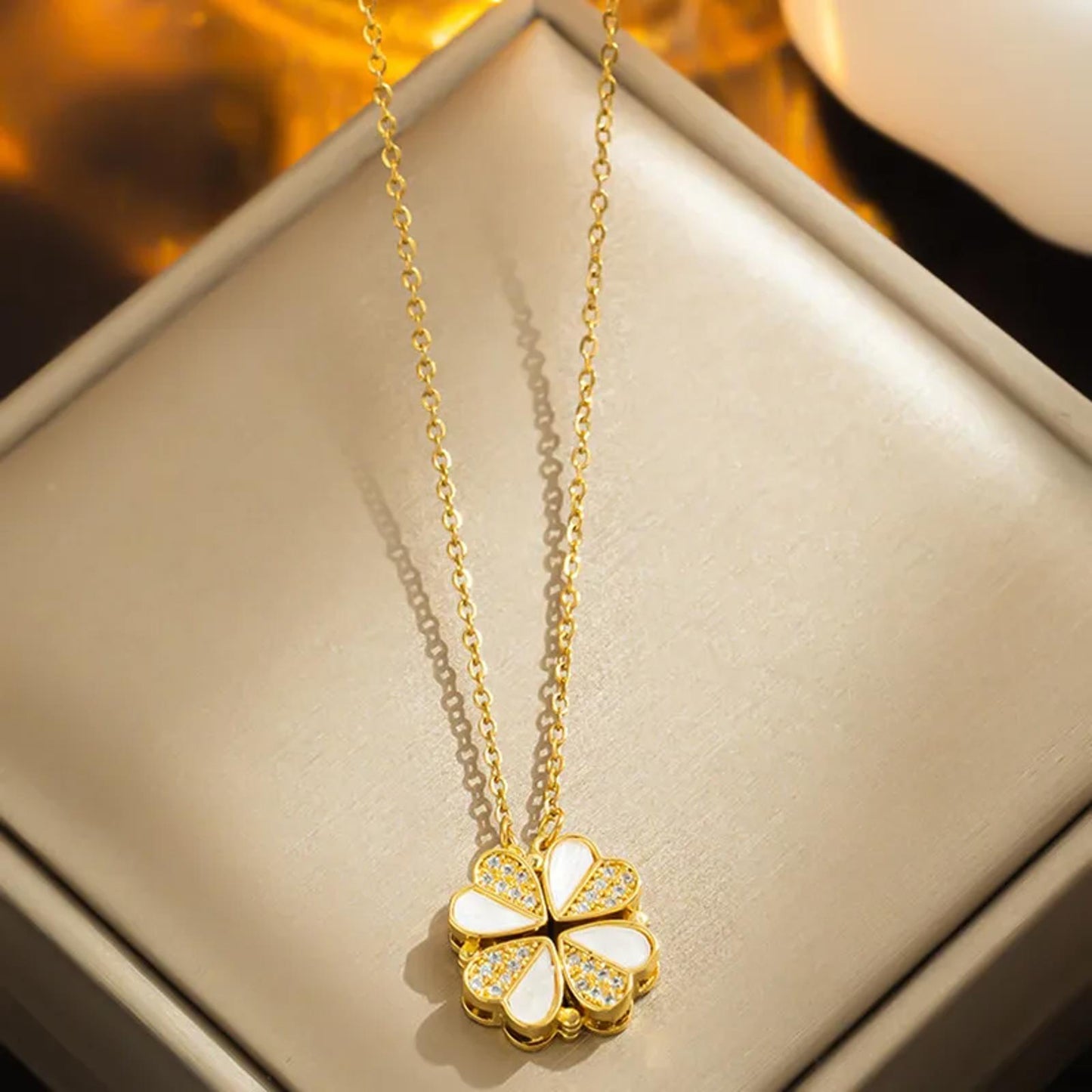 Folding clover - Necklace - Gold - CZs - 18"