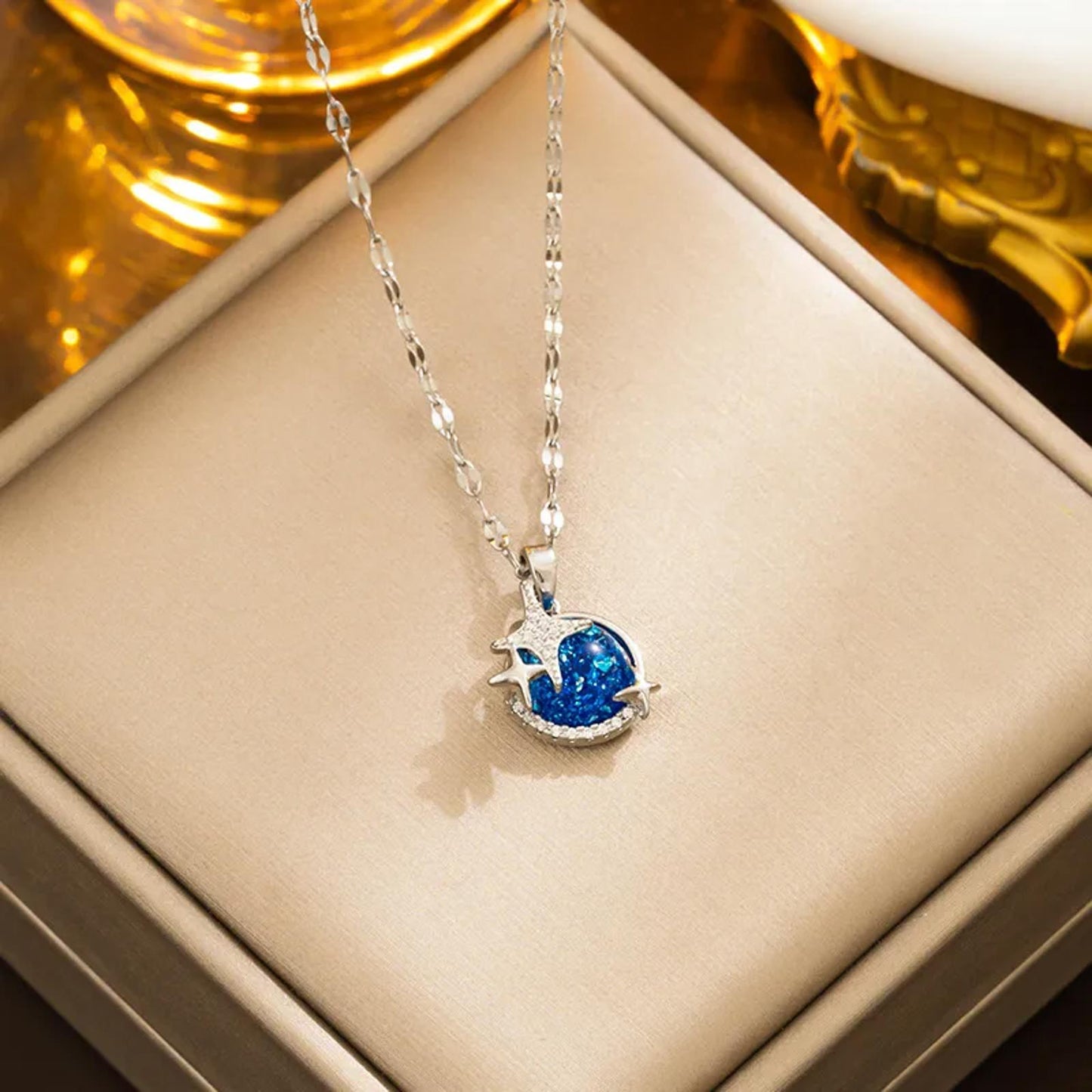 Blue planet and stars - Necklace - Silver - CZs - 18"