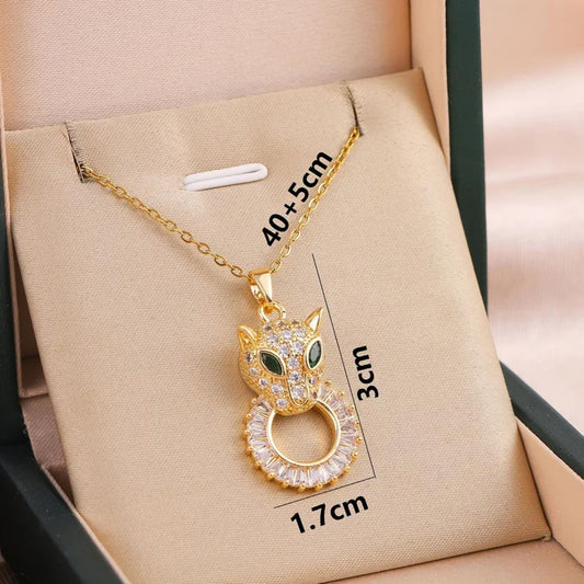 Green eyed panther - Necklace - Gold - CZs - 18"
