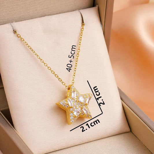 Baguette and round star - Necklace - Gold - CZs - 18"