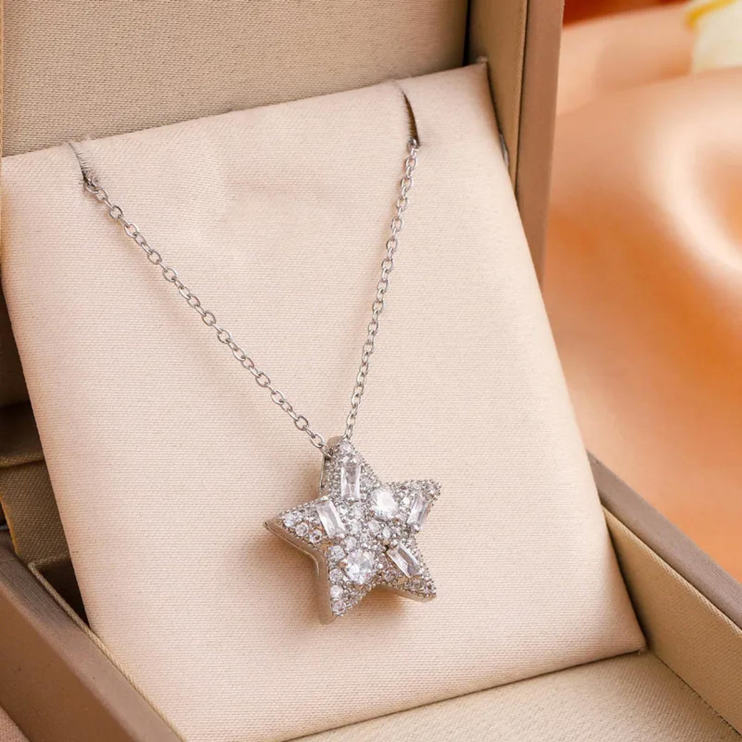 Baguette and round star - Necklace - Silver - CZs - 18"
