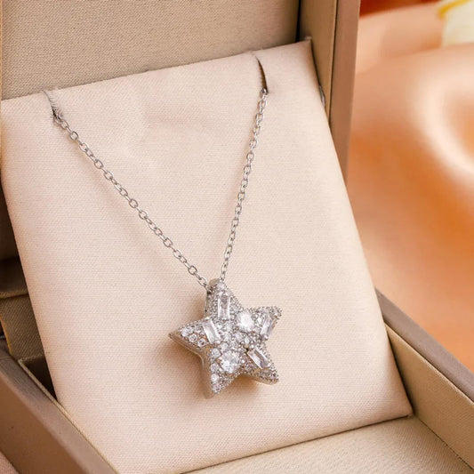 Baguette and round star - Necklace - Silver - CZs - 18"