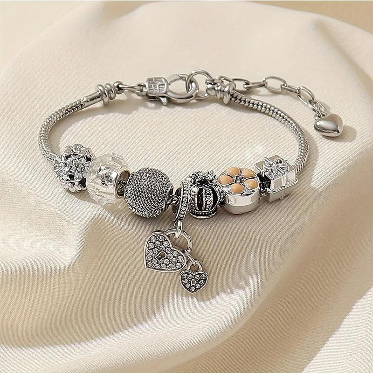 Pink heart lock - Bracelet - Silver - CZs - 6.5 - 8"