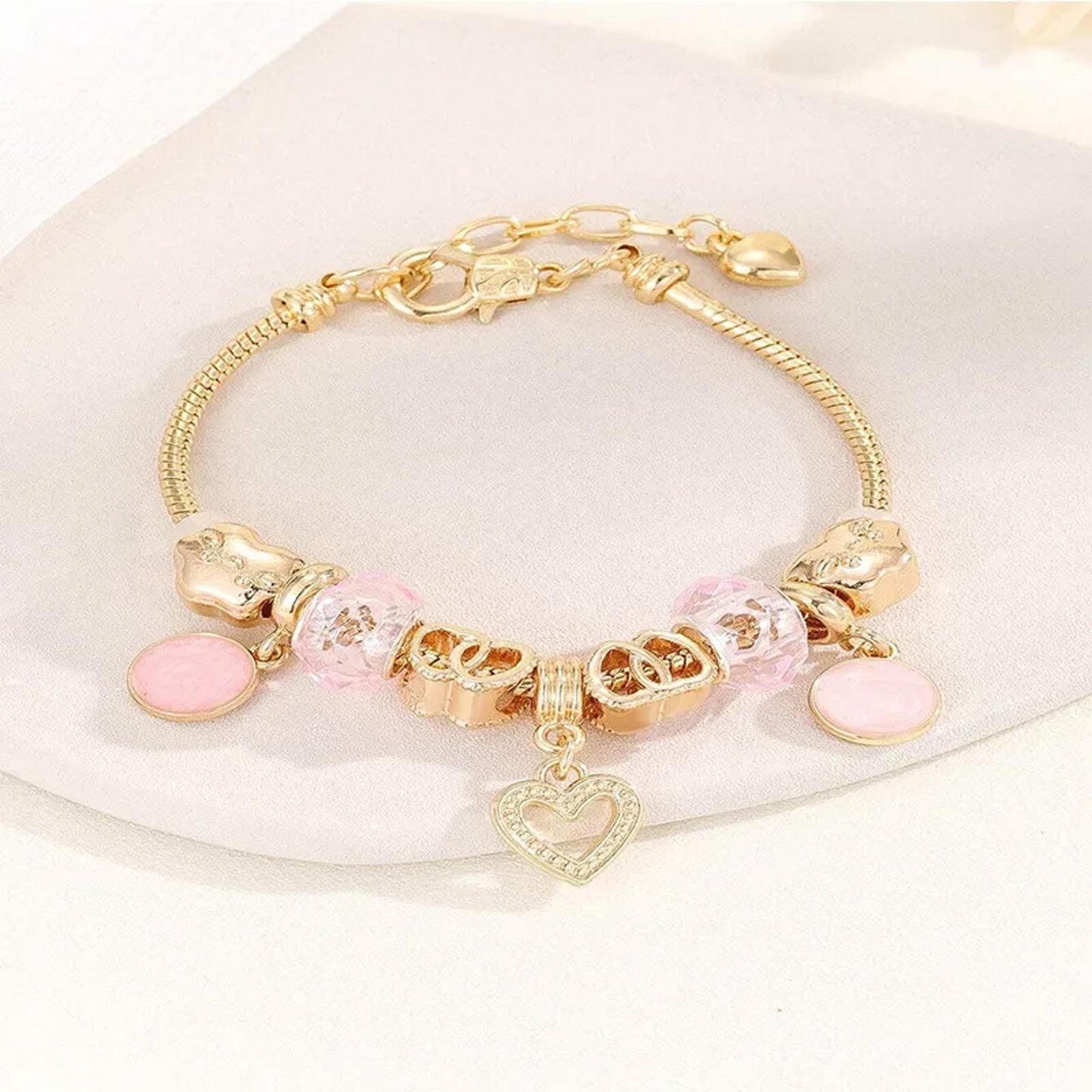 Pink double heart charm - Bracelet - Gold - CZs - 6.5 - 8"
