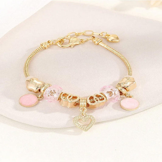 Pink double heart charm - Bracelet - Gold - CZs - 6.5 - 8"