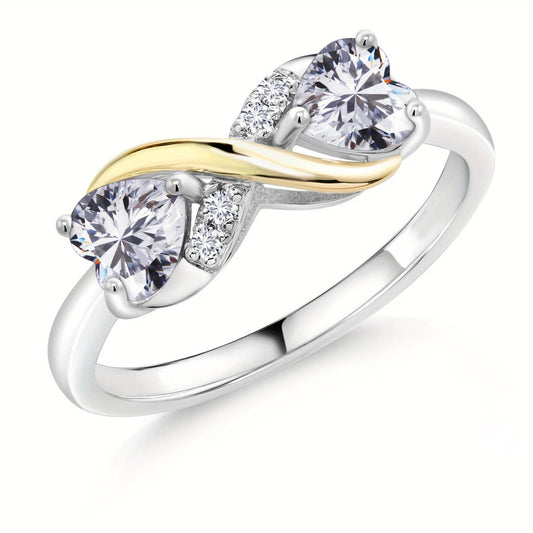 Two tone double heart - Ring - Silver - CZs - Size 6