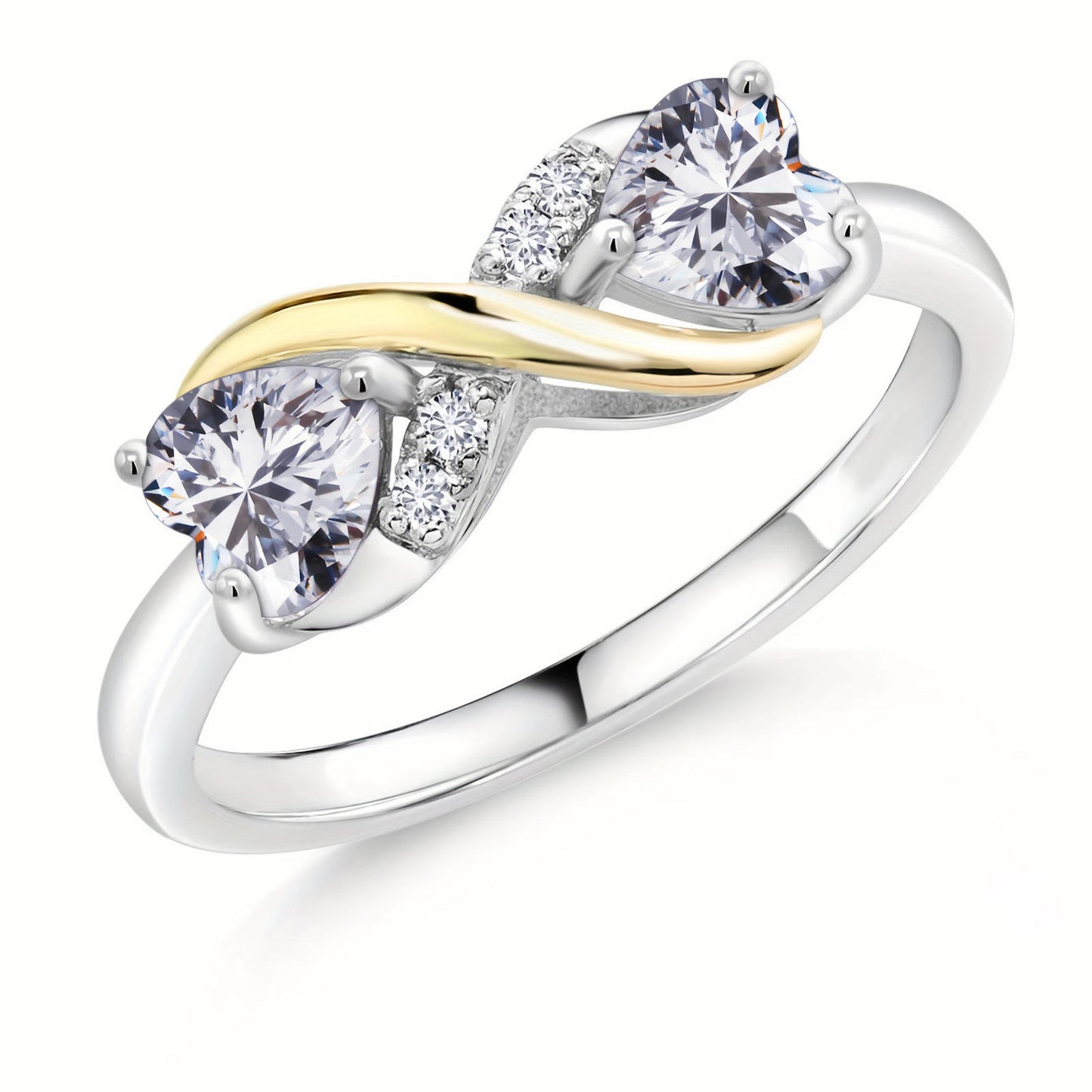 Two tone double heart - Ring - Silver - CZs - Size 8