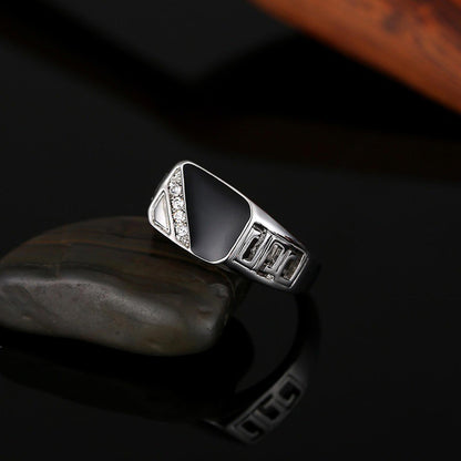 Black enamel accent - Ring - silver - CZs - Size 8