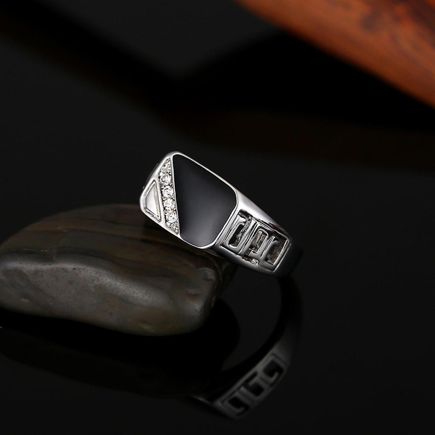Black enamel accent - Ring - silver - CZs - Size 11