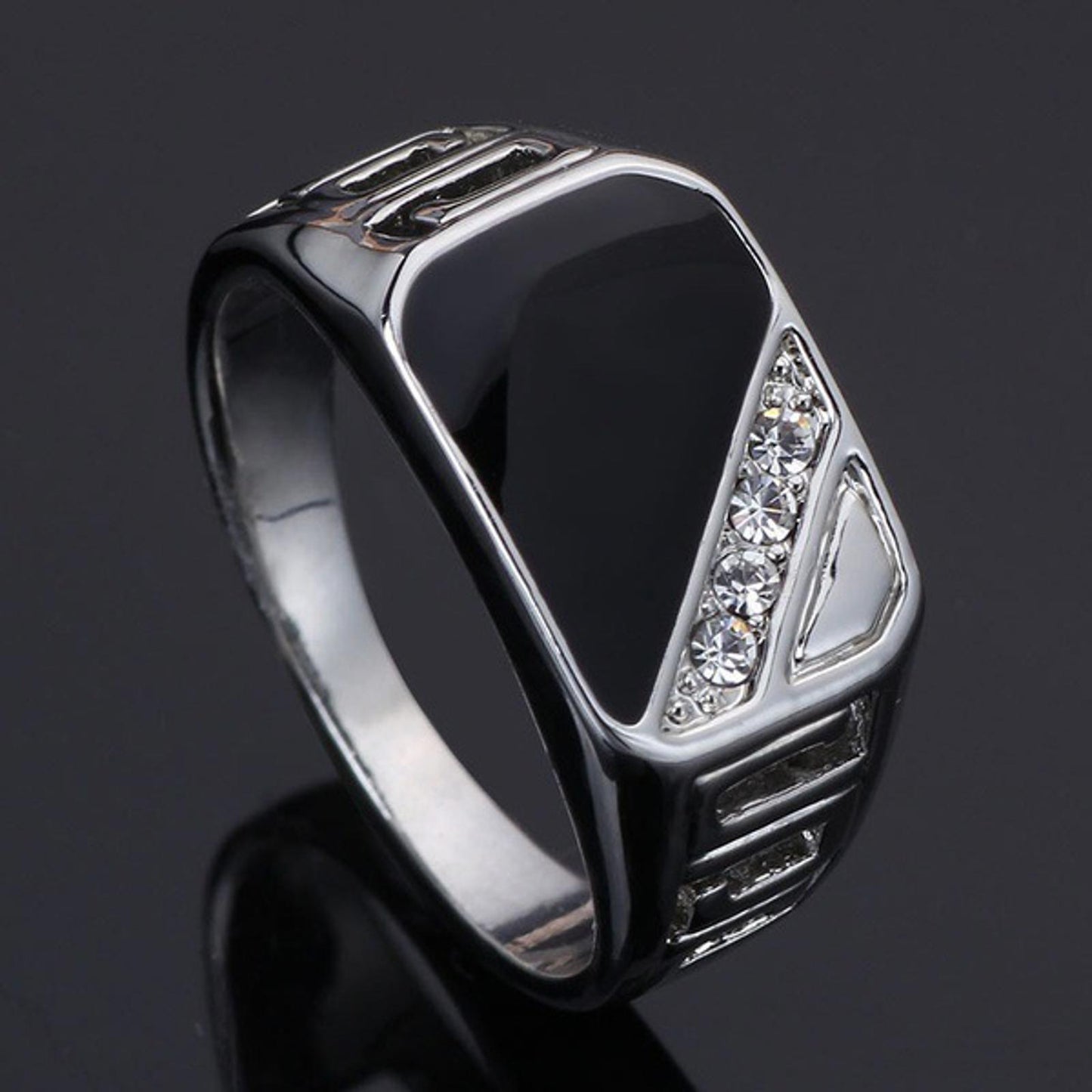 Black enamel accent - Ring - silver - CZs - Size 11