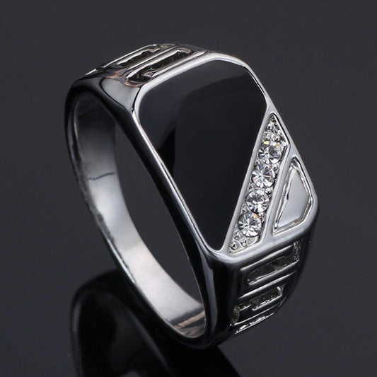 Black enamel accent - Ring - silver - CZs - Size 11