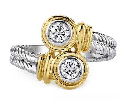 Bypass cable bezel set Ring - Two Tone Silver - CZs - Size 7
