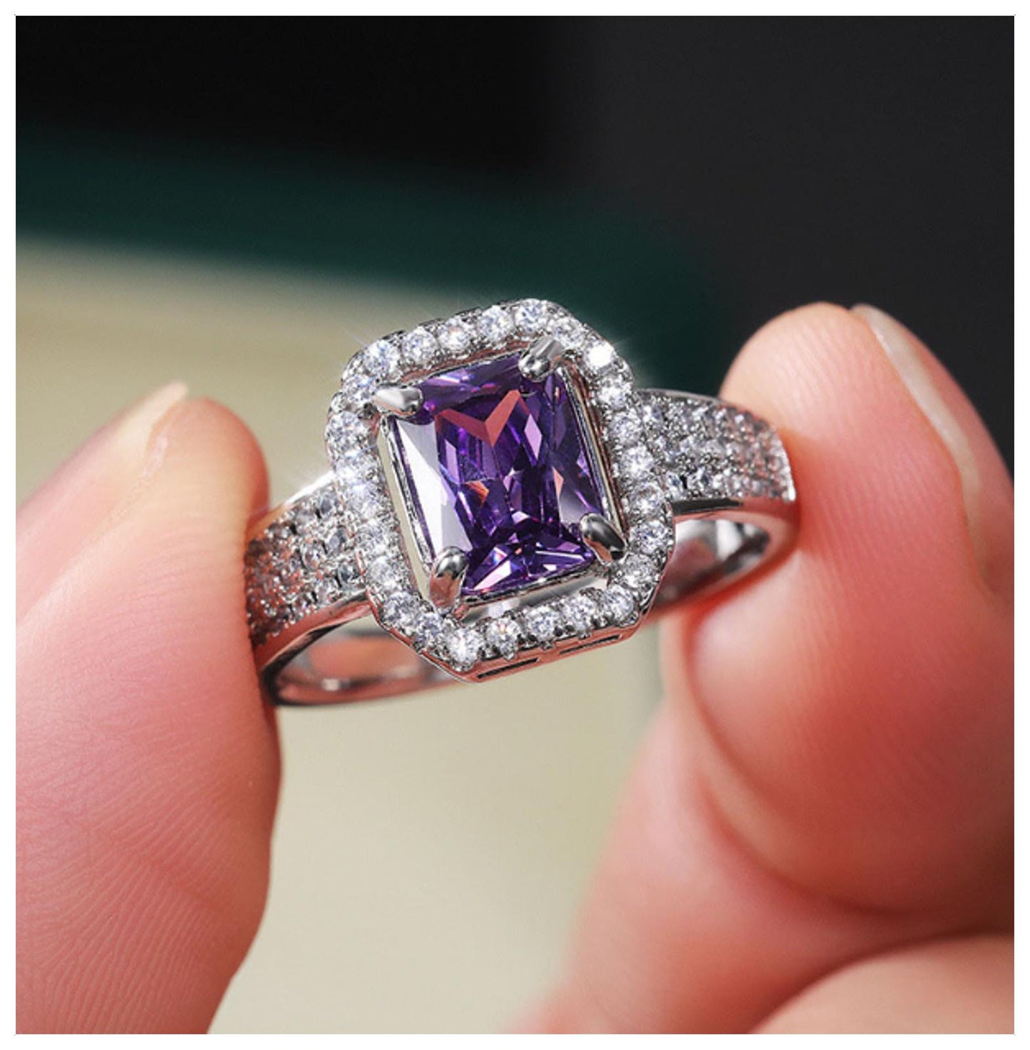 Purple radiant halo Ring - Silver - CZs - Size 7