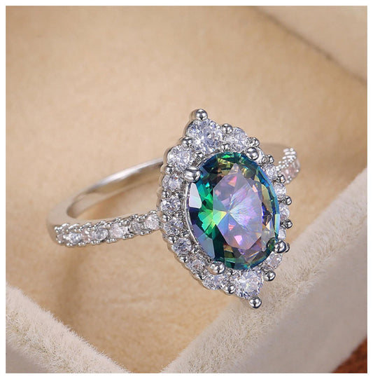 Rainbow oval Ring - Silver - CZs - Size 8