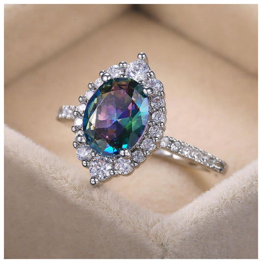 Rainbow oval Ring - Silver - CZs - Size 8