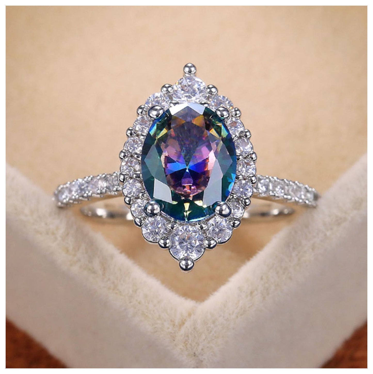 Rainbow oval Ring - Silver - CZs - Size 8